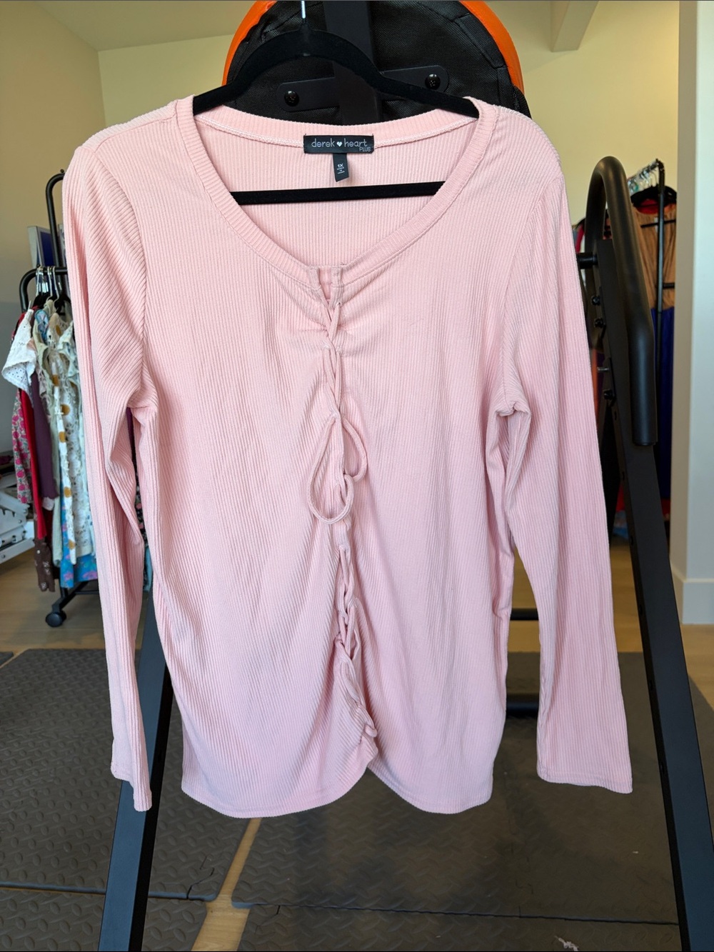 Derek Heart Light Pink Ribbed Long Sleeve Lace-Up Front Top